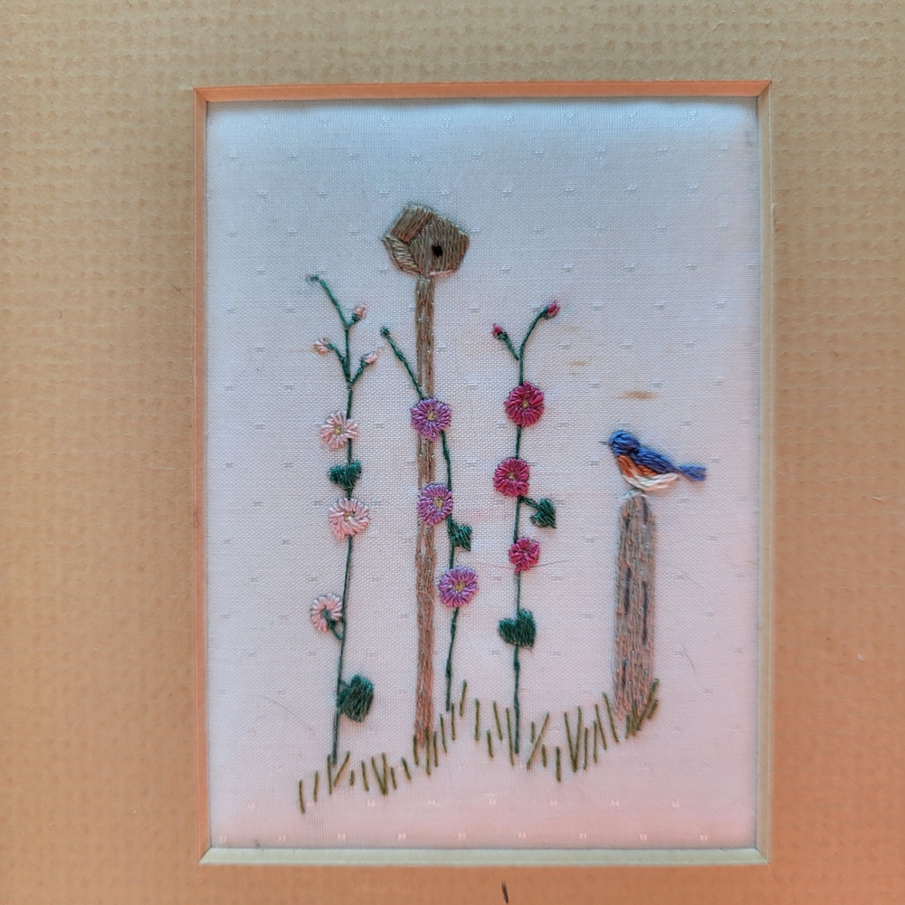 Hand Embroidered Vintage Blue Bird Wall Art - Set of 2 - Picture 8 of 11